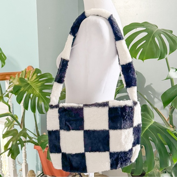 Handbags - Checkered Black and White Women's Bag Faux Fur